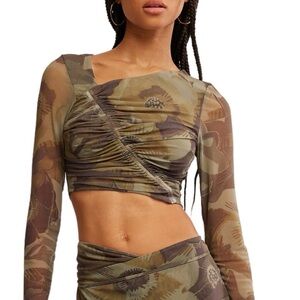 Free People Olive Floral Long Sleeve Top